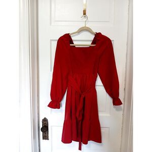Missky Red Long Sleeve Smocked Square Neck Dress with Tie Waist Size S